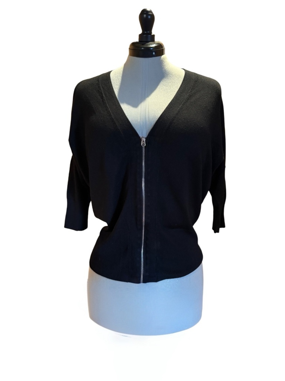 💋Chicos - Fab,& Sexy Cardigan-Black, 3/4 Sleeve, Sheer Back, Zip  Size 1 (8-10)